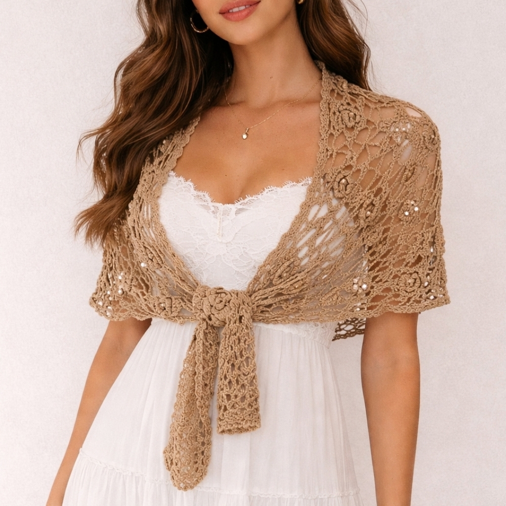 Vintage Tan Rose Pearl Crochet Shawl
